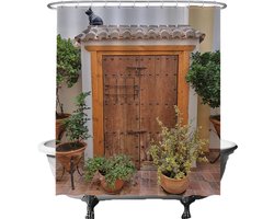 Ulticool Douchegordijn - Deur Planten Kat - 180 x 200 cm - semi Transparant - met 12 Ringen wit - anti Schimmel - Bruin Beige