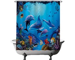 Ulticool Douchegordijn - Dolfijn Zee Vissen Aquarium - 180 x 180 cm - met 12 ringen - Anti Schimmel - Waterdicht & Wasbaar - Semi Transparant - Blauw