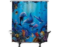 Ulticool Douchegordijn - Dolfijn Zee Vissen Aquarium - 180 x 200 cm - semi Transparant - met 12 Ringen Wit - anti Schimmel - Blauw - Decoratie Badkamer Nemo - Cadeau Gadget Mannen Vrouwen Kinderen