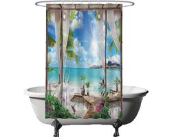 Ulticool Douchegordijn - Doorkijk Strand Zee Natuur - 120 x 180 cm - met 8 ringen - Anti Schimmel - Waterdicht & Wasbaar - Semi Transparant - Blauw Wit Groen