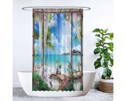 Ulticool Douchegordijn - Doorkijk Strand Zee Natuur - 120 x 200 cm - met 8 ringen - Anti Schimmel - Waterdicht & Wasbaar - Semi Transparant - Blauw Wit Groen