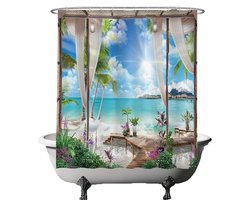 Ulticool Douchegordijn - Doorkijk Strand Zee Natuur - 180 x 180 cm - met 12 ringen - Anti Schimmel - Waterdicht & Wasbaar - Semi Transparant - Blauw Wit Groen