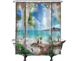 Ulticool Douchegordijn - Doorkijk Strand Zee Natuur - 180 x 200 cm - met 12 ringen - Anti Schimmel - Waterdicht & Wasbaar - Semi Transparant - Blauw Wit Groen