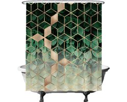 Ulticool Douchegordijn - Geometrisch Groen Natuur Goud Luxe - 180 x 200 cm - semi Transparant - met 12 Ringen Wit - anti Schimmel - Decoratie Lente voor Binnen