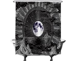 Ulticool Douchegordijn - Maan Sterrenhemel Natuur Bohemian - 180 x 200 cm - semi Transparant - met 12 Ringen Wit - anti Schimmel - Tarot Kaarten Heks Boho Aesthetic Psychedelic Zonnestelsel Universum Hippie Heelal Planeten - Zwart Wit