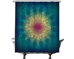 Ulticool Douchegordijn - Mandala Bohemian Goud Groen Roze  - 180 x 200 cm - semi Transparant - met 12 Ringen Wit - anti Schimmel