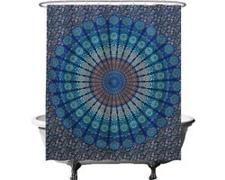 Ulticool Douchegordijn - Mandala Kleed - 180 x 200 cm - semi Transparant - met 12 Ringen Wit - anti Schimmel - Blauw