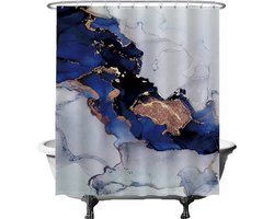 Ulticool Douchegordijn - Marmer Goud Abstract Kunst - 180 x 200 cm - semi Transparant - met 12 Ringen Wit - anti Schimmel - Blauw
