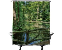 Ulticool Douchegordijn - Natuur Brug Water - 180 x 200 cm - met 12 Ringen Wit - semi Transparant - anti Schimmel - Groen