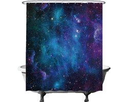 Ulticool Douchegordijn - Natuur Galaxy Heelal Planeten Zonnestelsel - 180 x 200 cm - semi Transparant - met 12 Ringen Wit - anti Schimmel - Blauw
