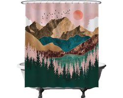 Ulticool Douchegordijn - Natuur Zon Bergen Bohemian - 180 x 200 cm - semi Transparant - met 12 Ringen Wit - anti Schimmel - Bruin Roze Groen