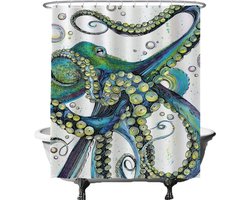 Ulticool Douchegordijn - Octopus Inktvis Zee Natuur - 180 x 200 cm - met 12 Ringen Wit - semi Transparant - anti Schimmel - Groen Blauw Wit