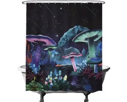 Ulticool Douchegordijn - Paddestoel Mushroom Psychedelisch Trippie Bohemian - 180 x 200 cm - semi Transparant - met 12 Ringen Wit - anti Schimmel - Blauw Zwart