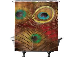 Ulticool Douchegordijn - Pauwenveren Pauw Veren Vogel Dier - 180 x 200 cm - met 12 ringen - Anti Schimmel - Waterdicht & Wasbaar - Semi Transparant - Beige Geel Rood