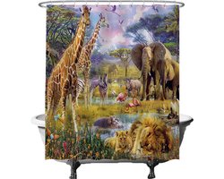 Ulticool Douchegordijn - Safari Dieren Natuur Giraffe Olifant - 180 x 200 cm - met 12 ringen - Anti Schimmel - Waterdicht & Wasbaar - Semi Transparant - Groen Bruin