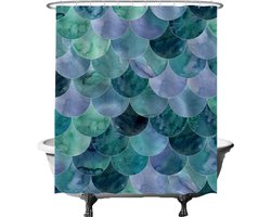 Ulticool Douchegordijn - Schubben Zeemeermin Golven - 180 x 200 cm - met 12 ringen - Anti Schimmel - Semi Transparant - Blauw Groen