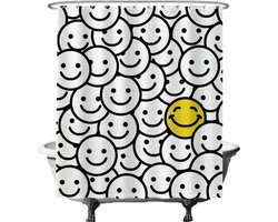 Ulticool Douchegordijn - Smiley - 180 x 200 cm - met 12 Ringen Wit - semi Transparant - anti Schimmel - Geel Zwart Wit