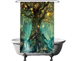 Ulticool Douchegordijn - Sprookje Elf Boom Magisch Bos Natuur - 120 x 180 cm - met 8 ringen - Anti Schimmel - Waterdicht & Wasbaar - Semi Transparant - Groen