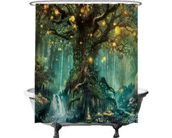 Ulticool Douchegordijn - Sprookje Elf Boom Magisch Bos Natuur - 180 x 200 cm - semi Transparant - met 12 Ringen Wit - anti Schimmel - Decoratie Hout Lente voor Binnen - Groen