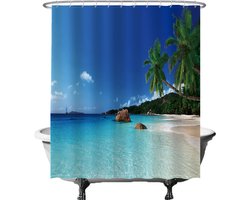 Ulticool Douchegordijn - Strand Natuur Zee Eiland Palmboom - 180 x 200 cm - semi Transparant - met 12 Ringen Wit - anti Schimmel - Blauw