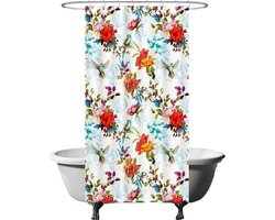 Ulticool Douchegordijn - Vogel Bloemen Natuur - 120 x 200 cm - met 8 ringen - Anti Schimmel - Waterdicht & Wasbaar - Semi Transparant - Decoratie Lente Zomer - Wit Rood Oranje Roze