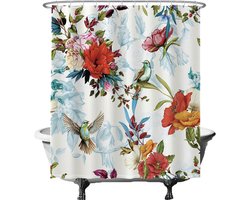 Ulticool Douchegordijn - Vogel Bloemen Natuur - 180 x 180 cm - met 12 ringen - Anti Schimmel - Waterdicht & Wasbaar - Semi Transparant - Decoratie Lente - Wit Rood Oranje Roze