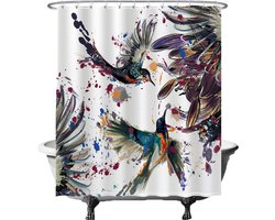 Ulticool Douchegordijn - Vogels Veren Kunst Dieren Natuur - 180 x 200 cm - met 12 ringen - Anti Schimmel - Waterdicht & Wasbaar - Semi Transparant - Wit blauw paars