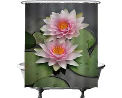 Ulticool Douchegordijn - Waterlelie Vijverplanten Spa Rust Aarde Kunst Plant Bloemen - 180 x 200 cm - met 12 ringen - Anti Schimmel - Waterdicht & Wasbaar - Semi Transparant - Roze Groen Grijs