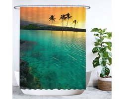 Ulticool Douchegordijn - Zee Strand Palmboom Zonsondergang - 180 x 200 cm - met 12 ringen - Anti Schimmel - Waterdicht & Wasbaar - Semi Transparant - Blauw Groen Geel