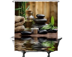 Ulticool Douchegordijn - Zen Spa Meditatie Rust - 180 x 200 cm - met 12 Ringen Wit - semi Transparant - anti Schimmel - Bruin Groen Zwart