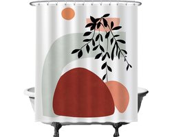 Ulticool Douchegordijn - Zon Berg Abstract Boho Natuur Bohemian - 180 x 200 cm - semi Transparant - met 12 Ringen Wit - anti Schimmel - Groen Oranje Rood Roze