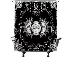 Ulticool Douchegordijn - Zon Maan Sterren Natuur Bohemian - 180 x 200 cm - semi Transparant - met 12 Ringen Wit - anti Schimmel - Tarot Kaarten Heks Boho Aesthetic Psychedelic - Zwart Wit - Decoratie Versiering