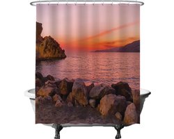 Ulticool Douchegordijn - Zonsondergang Sunset  - 180 x 200 cm - met 12 ringen wit - semi Transparant - anti schimmel - roze lila bruin