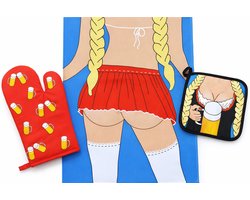 Ulticool Keukenset Sexy Theedoek + Ovenwant + Onderzetters Pannen - Bier - Bierpakket Papa Vader Vrijgezellenfeest Man / Vrouw Verjaardag - Grappige Gadgets Mannen - Idee - Pakket - Valentijnsdag - voor Valentijn