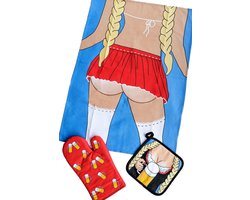 Ulticool - Keukenset Sexy Theedoek + Ovenwant + Onderzetters Pannen - Bier & Vrouw - Cadeau Bierpakket Papa Vader Vrijgezellenfeest Man / Vrouw Verjaardag - Grappige Gadgets Mannen - Vaderdag - Cadeau Idee - Cadeaupakket - Pakket - Top 10 - Kados