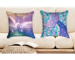 Ulticool  - Kussenhoes - Eenhoorn Unicorn Paard Zeemeermin Staart Schubben - Set van 2 Kussens - Exclusief Kussenvulling - Sierkussens 45x45 cm - Sierkussenhoes Accessoires - Kussentjes Bank Decoratie Woonkamer Kinderkamer Babykamer - Roze Paars Lila