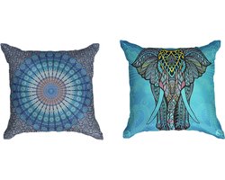 Ulticool Kussenhoes - Mandala Olifant Bohemian Hippie Ibiza Style - Set van 2 Kussens Exclusief Kussenvulling - Sierkussens 45x45 cm - Sierkussenhoes Accessoires Kussentjes Bank Decoratie Woonkamer Slaapkamer Turquoise - Cadeau Tiener Meisje 13 Jaar