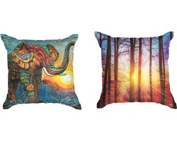 Ulticool  - Kussenhoes - Olifant Zon Boho Bohemian Zonsondergang - Set van 2 stuks - Sierkussens 45x45 cm - Sierkussenhoes Accessoires - Kussentjes Bank voor Decoratie Woonkamer Slaapkamer Jeugdkamer Kinderkamer Babykamer - Oranje Paars Blauw Geel