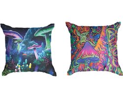 Ulticool  - Kussenhoes - Paddenstoel Mushroom Trippie Paddo Cannabis Wiet - Set van 2 Kussens - Exclusief Kussenvulling - Sierkussens 45x45 cm - Sierkussenhoes Accessoires - Kussentjes Bank voor Decoratie Woonkamer Slaapkamer - Neon Blauw Zwart