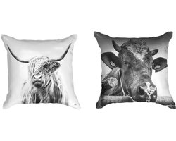 Ulticool Kussenhoes Set van 2 - Schotste Hooglander Koe Zwart Wit - Zonder Kussenvulling - Sierkussens 45x45 cm - Sierkussenhoes Accessoires Kussentjes Bank Decoratie Woonkamer Slaapkamer Boho Bohemian Canvas Koeien - Cadeau Vrouw Man Tiener Meisje