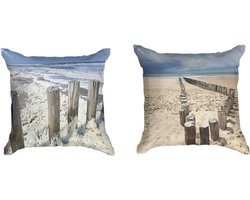 Ulticool Kussenhoes - Strand Kust Nederland - Set van 2 Kussens - Exclusief Kussenvulling - Sierkussens 45x45 cm - Sierkussenhoes Accessoires - Kussentjes Bank Decoratie Woonkamer - Blauw Wit - Vaderdag - Cadeau Idee - Cadeaupakket - Pakket - Top 10