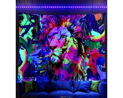Ulticool - Leeuw Lion Roofdier Afrika - Glow in the Dark Tapestry Decoratie Magic - Psychedelisch - Blacklight Party Wandkleed Achtergronddoek - 200x150 cm - Backdrop UV Lamp - Groot wandtapijt - Poster - Neon - Decoratie Versiering