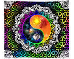 Ulticool - Mandala Zon Maan Yin Yang - Glow in the Dark Tapestry Decoratie Magic - Psychedelisch - Blacklight Party Wandkleed Achtergronddoek - 200x150 cm - Backdrop UV Lamp Reactive - Groot wandtapijt - Poster - Neon Fluor Verlichting