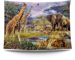 Ulticool - Safari Dieren Natuur Giraffe Olifant - Wandkleed Poster - 200x150 cm - Groot wandtapijt - Tuinposter Tapestry - Schilderij Decoratie Tuin Versiering Accessoire voor zowel buiten als Muurdecoratie in woonkamer