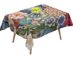 Ulticool - Tafelkleed - Groot Tafelzeil Plastic - Afwasbaar Afneembaar Wasbaar - voor Binnen en Buiten - Waterdicht - 140 x 240 cm - Decoratie Lente - Tafelloper Rechthoekig - Design Bloemen Natuur Kunst - Geel Groen Blauw Roze
