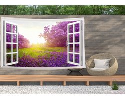 Ulticool Wandkleed 200x150 cm – Doorkijk Bloemen Lavendel Natuur Paars – Met Bevestigingspinnen - voor Binnen / Buiten - Tuinposter Wandtapijt voor Moeders