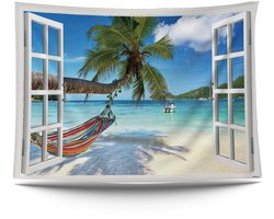 Ulticool Wandkleed 200x150 cm – Natuur Zee Strand – Inclusief Bevestigingspinnen - Tuinposter doorkijk - Poster Wandtapijt Tapestry - voor Binnen en Buiten - Vrouw / Man