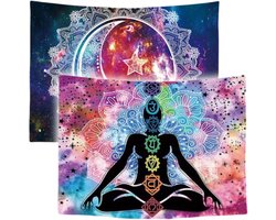 Ulticool – Wandkleed - Chakra Healing Aura Spiritualiteit Mandala – Set van 2 designs - 73 cm x 95 cm – Schilderij Wandtapijt Stof – Poster Art – Wit Paars Blauw