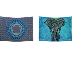 Ulticool – Wandkleed - Mandala en Olifant Bohemian Hippie Ibiza Style - Set van 2 designs – 73 cm x 95 cm – Schilderij Wandtapijt Stof – Poster Art – Blauw