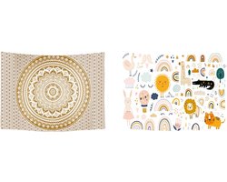 Ulticool – Wandkleed - Regenboog Dieren Kinderkamer Mandala Bohemian Hippie – Set van 2 designs - 73 cm x 95 cm – Decoratie Lente voor Binnen - Schilderij Wandtapijt Stof – Poster Art – Beige Goud